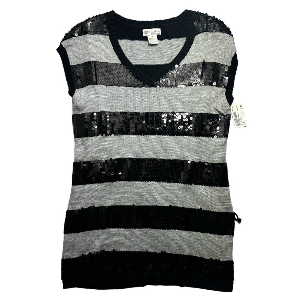 Woman's Glimmer Silver Sparkle Black Sleeveless Tank-Top Shirt VTG Size Medium